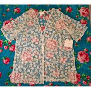 Cynthia Rowley Plus Size 1X Ivory/Cream Tulle‎ Sheer Mesh Floral Open Cardigan
